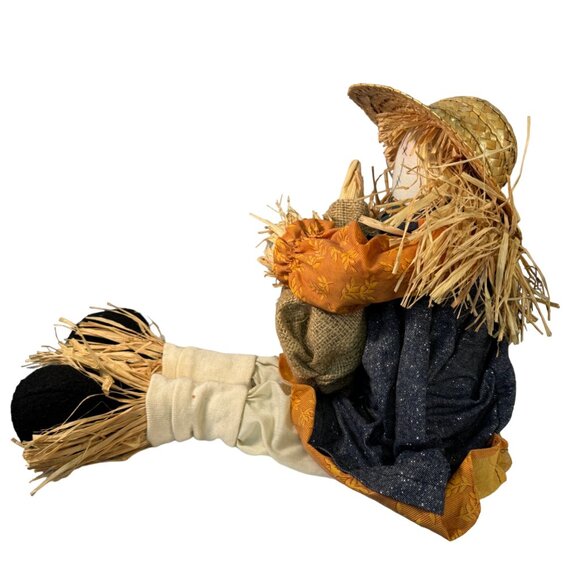 Decorative Harvest Scarecrow Couple With Straw Hats & Fabric Clothing - Picture 7 of 7